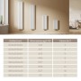 Weiße vertikale Flachheizkörper in verschiedenen Größen an Wand, mit Tabelle für Wärmeleistung. Modernes Design, Mittelanschluss.