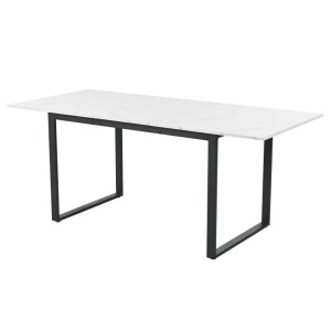 Weißer ausziehbarer Esstisch mit Marmoroptik und schwarzem U-förmigem Metallgestell. Moderner Teleskoptisch.