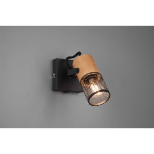 Schwarzer 1er Spot Tosh mit Holzdetails. Wandspot mit E14 Fassung, ideal für Akzentbeleuchtung.