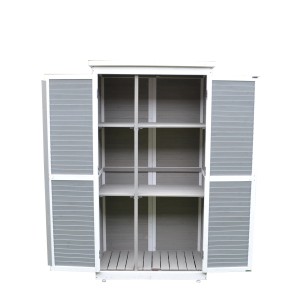 Offener, grau-weißer Leco Gartenschrank Momo 160 cm mit Regalen für Gartengeräte.