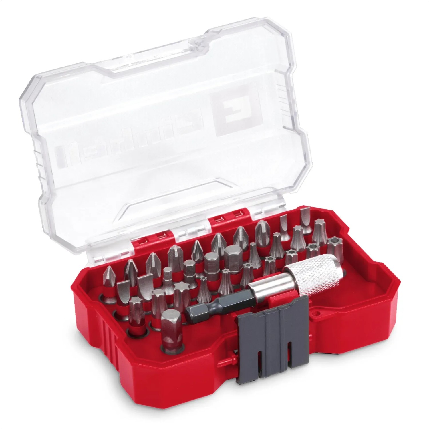 Einhell Bit-Set XS-Case 30-teilig im roten Koffer mit transparentem Deckel.