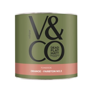 Dose V&CO Premium Innenfarbe Dead Flat Matt Orange Farbton 3 Tonerde, matte bunte Wandfarbe.
