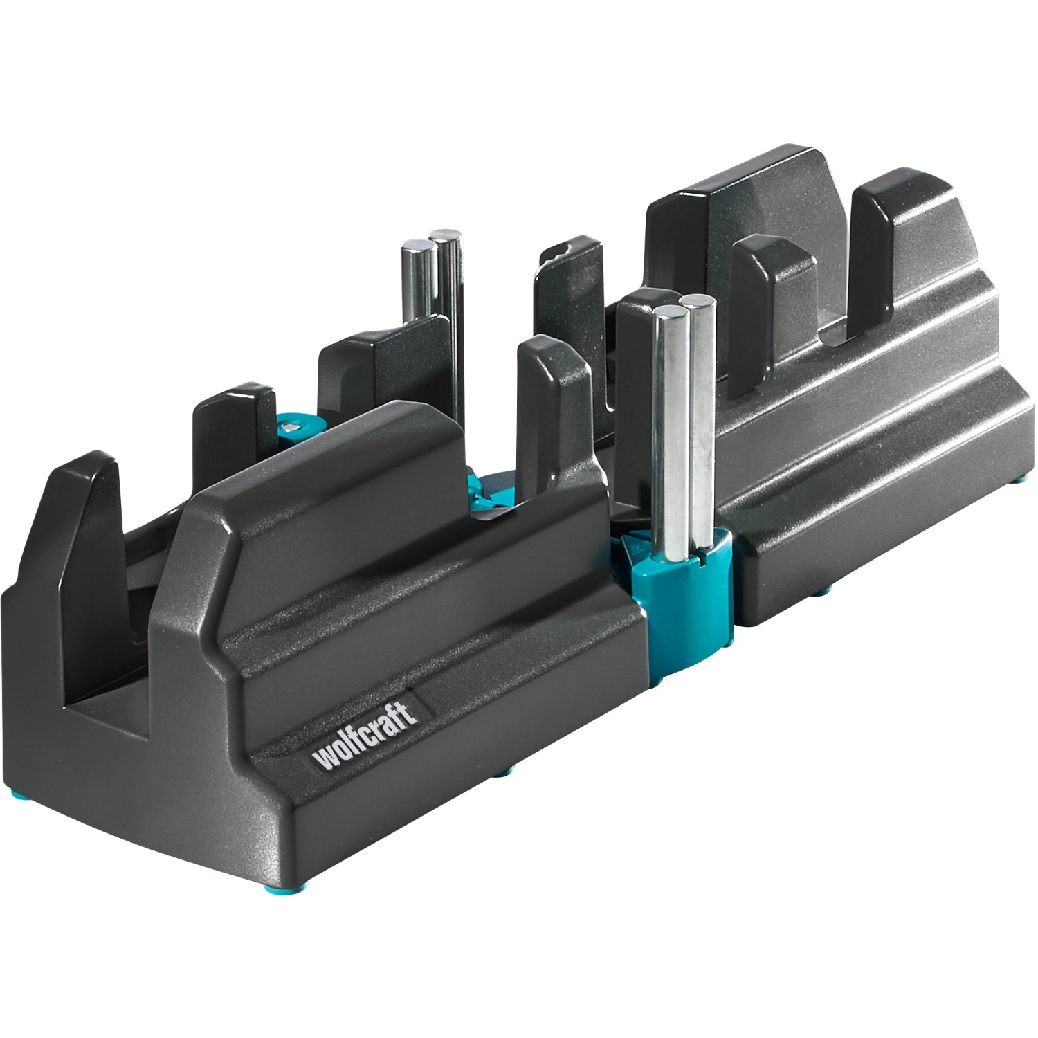 wolfcraft Schmiege und Schneidlade für Sockelleisten, graue Werkzeugaufnahme mit Metallsägeführung.