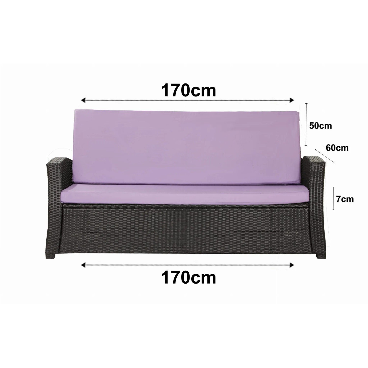 Lila Gartenkissen-Set (170x60x50cm) für 3-Sitzer Polyrattan Gartensofa. Bequeme Sitzauflage.