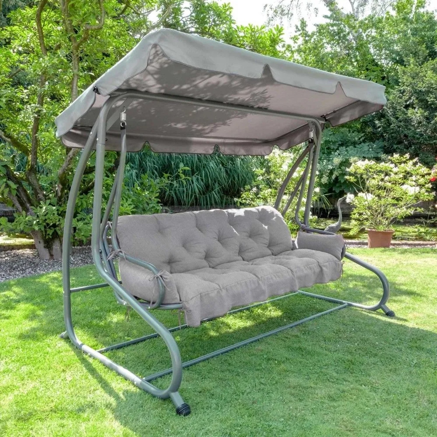 Beautissu Hollywoodschaukelauflage Flair HS, 180x50x8cm, hellgrau, mit Deko-Kissen. Gartenmöbel Sitzkissen für mehr Komfort.