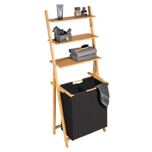 Wenko Leiterregal Ecori mit schwarzem Wäschesammler (66 l) aus Bambus. Badregal mit 3 Ablagen.