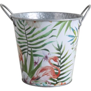 Metalltopf Flamingo, 14,5 cm, Gartendeko mit tropischem Muster und Henkeln.
