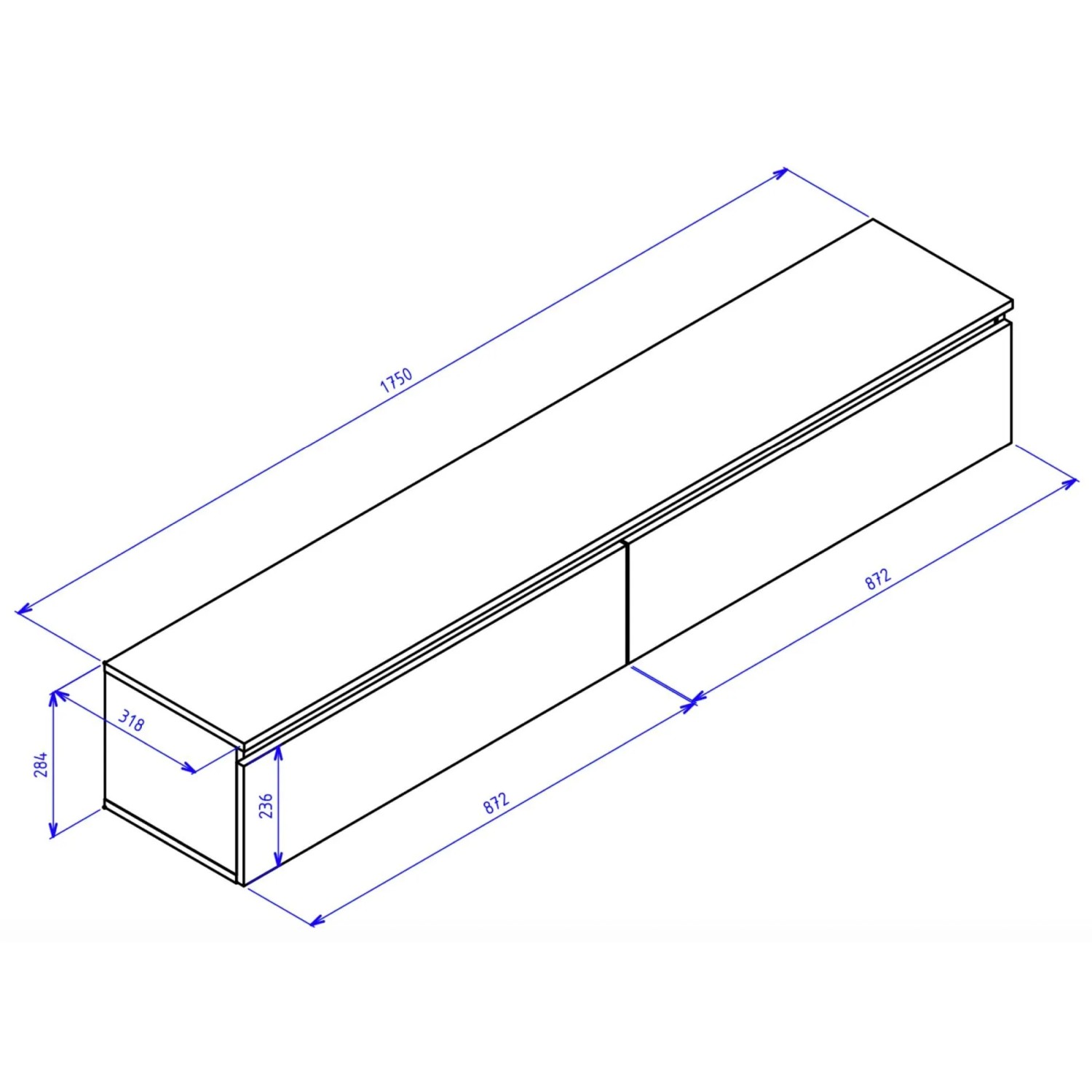 Maßskizze des Selsey TV-Hängeboards Bemmi 175 cm. Rechteckiges Wandboard mit zwei Klappenfächern und Abmessungen.