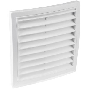 Weißes Außengitter mit Rundanschluss und Fliegennetz für Lüftungssysteme.