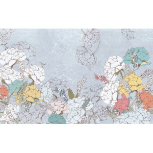 Komar Fototapete mit floralem Muster aus Pfingstrosen in zarten Farben auf grauem Grund.