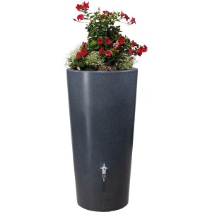 Garantia Regenwasserbehälter Stone 2in1 Lava mit Pflanzschale und roter Bepflanzung.