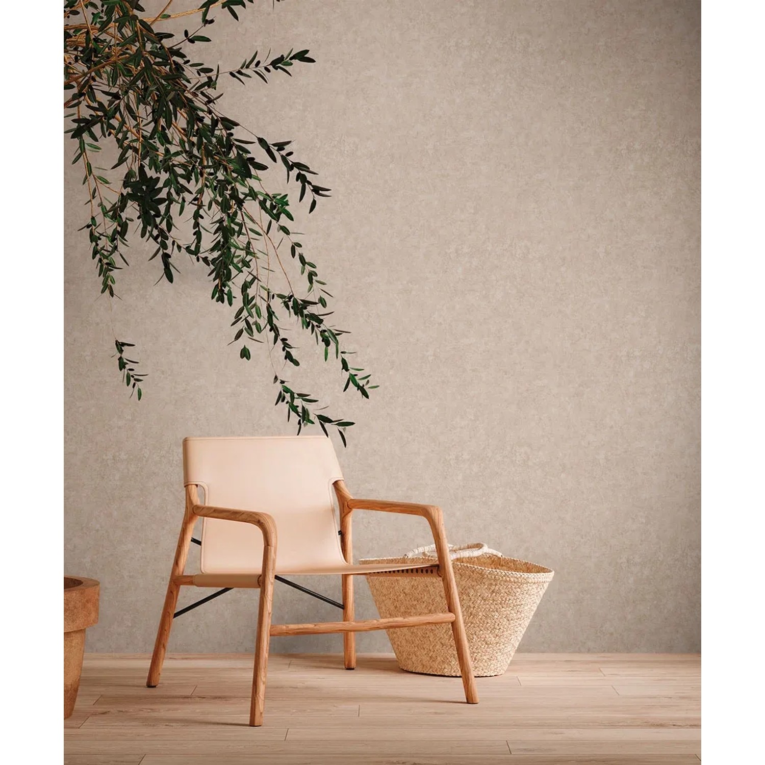 AS-Creation Vliestapete Putzoptik hellbraun/beige im Raum mit Stuhl und Dekoration.