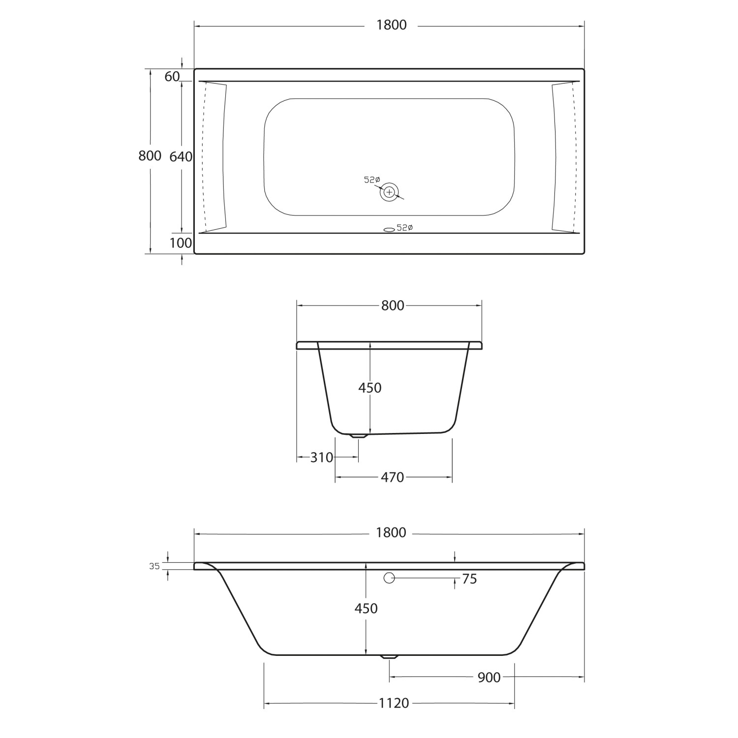Technische Zeichnung: Ottofond Whirlpool Rosa 180x80 cm, Maße und Ansichten der Badewanne.