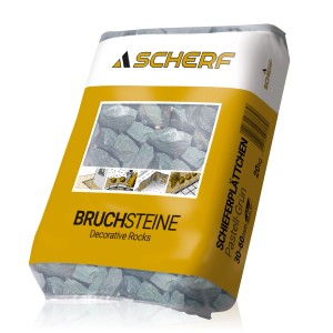 Sack Scherf Schieferplättchen Pastell-Grün, 30-60mm, 20kg, Zierkies für Garten und Aquarien.