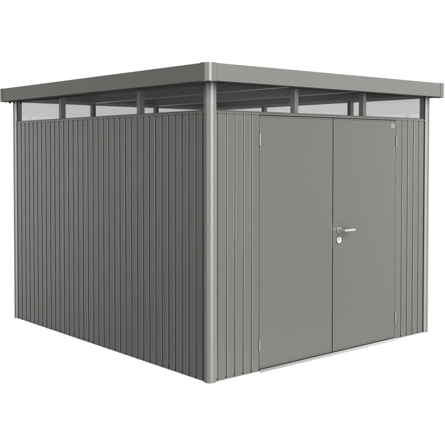 Biohort Metall-Gerätehaus HighLine, Quarzgrau-Metallic, 7,6 m² mit Doppeltür.