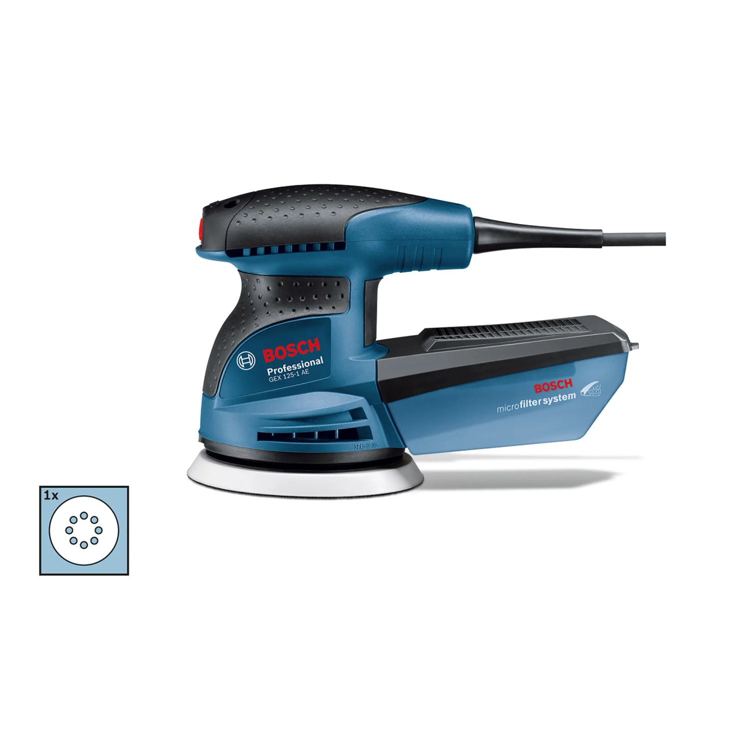 Bosch Professional GEX 125-1 AE Exzenterschleifer mit Staubbox und Schleifblatt.