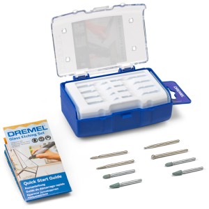 Dremel Glasgravur-Set 682, 8-teilig, mit Fräsern und Anleitung in blauer Box.