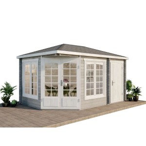 Unbehandeltes Alpholz Gartenhaus Josephine-40 mit Walmdach und Anbaudach. Holz-Gartenhaus mit Fenstern und Tür.