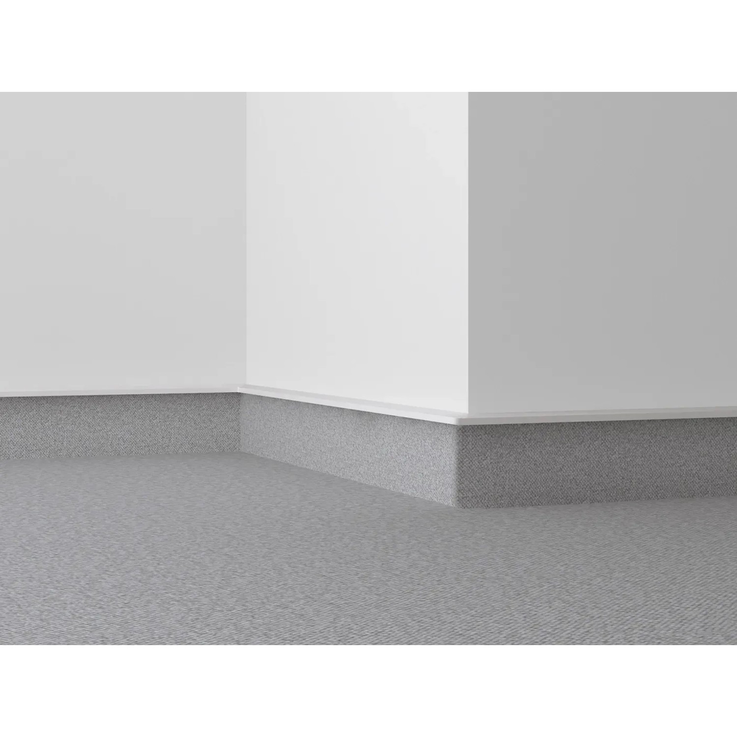 Weiße Teppichleiste (50 mm) mit Steg für sauberen Übergang zwischen Teppich und Wand.