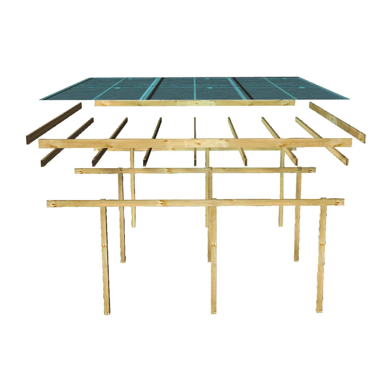 Karibu Doppelcarport Eco: Explosionszeichnung der Holzkonstruktion mit PVC-Dachplatten.