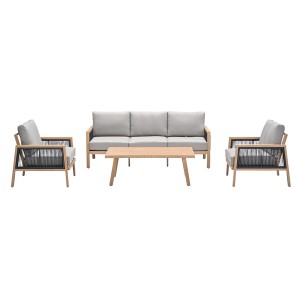 4-teiliges Lounge-Set Decala in heller Teakholzoptik mit Sofa, Sesseln und Tisch für den Garten.