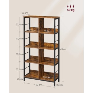 Songmics Bücherregal Barnet mit 4 Ebenen in Braun-Schwarz, Vintage-Look, Maße: 33 x 8 x 149 cm.