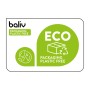 Grünes baliv Label: 'ECO', 'PACKAGING PLASTIC FREE', mit Karton- und Blättersymbolen.