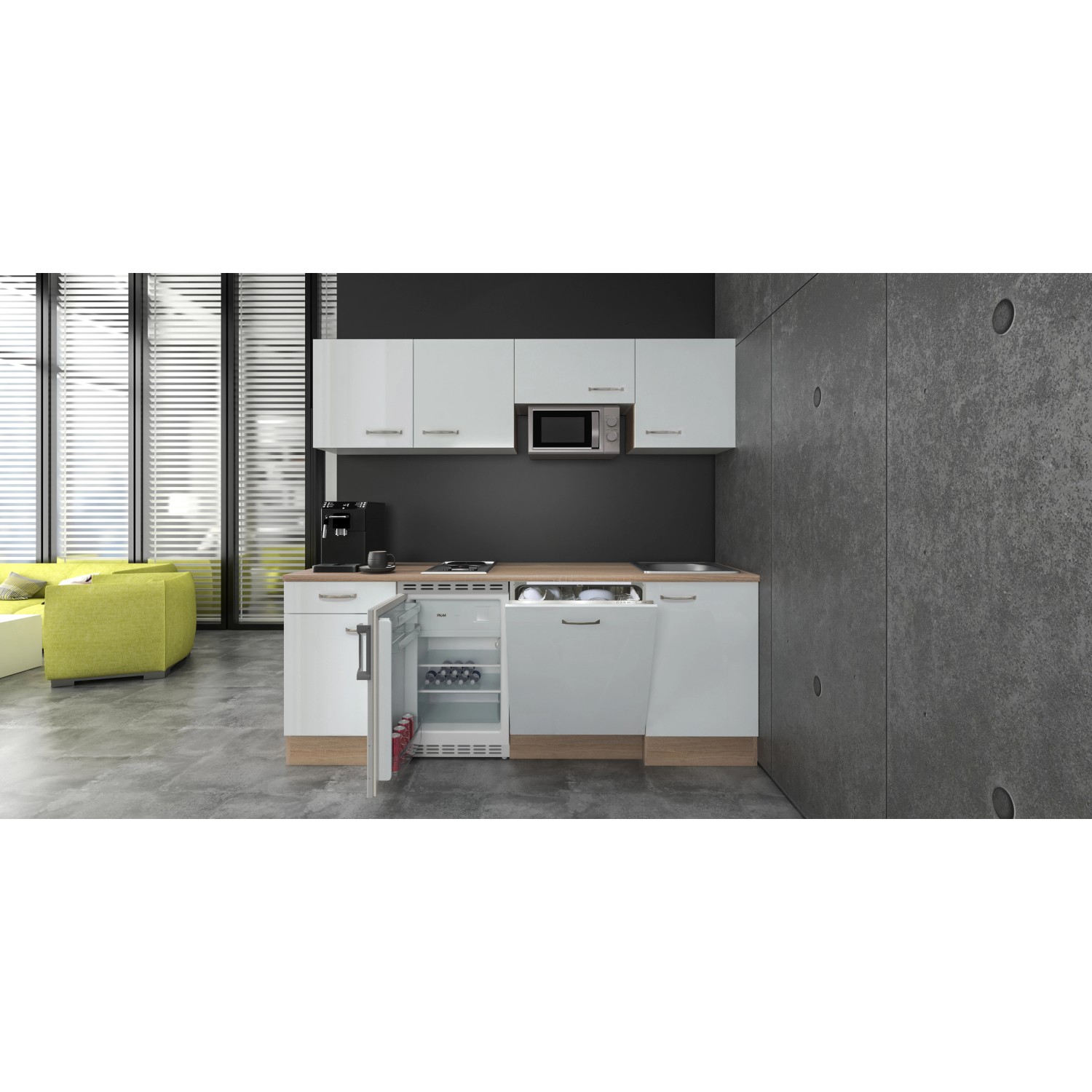 Flex-Well Büroküche Valero, 210 cm, Hochglanz Weiß/Sonoma Eiche mit E-Geräten.