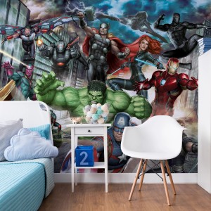 Fototapete Vlies Disney Marvel Avengers mit Hulk, Thor, Iron Man und Captain America im Kinderzimmer.