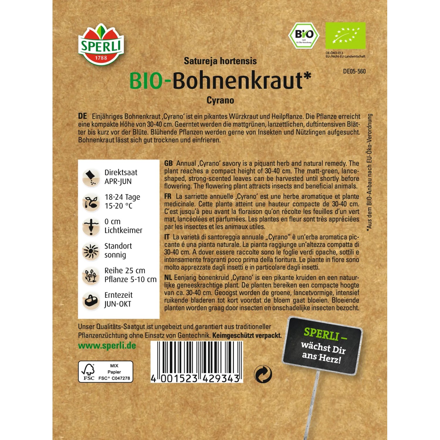 Sperli Bio Bohnenkraut Cyrano Samenpackung, einjähriges Würzkraut für Garten und Kübel.