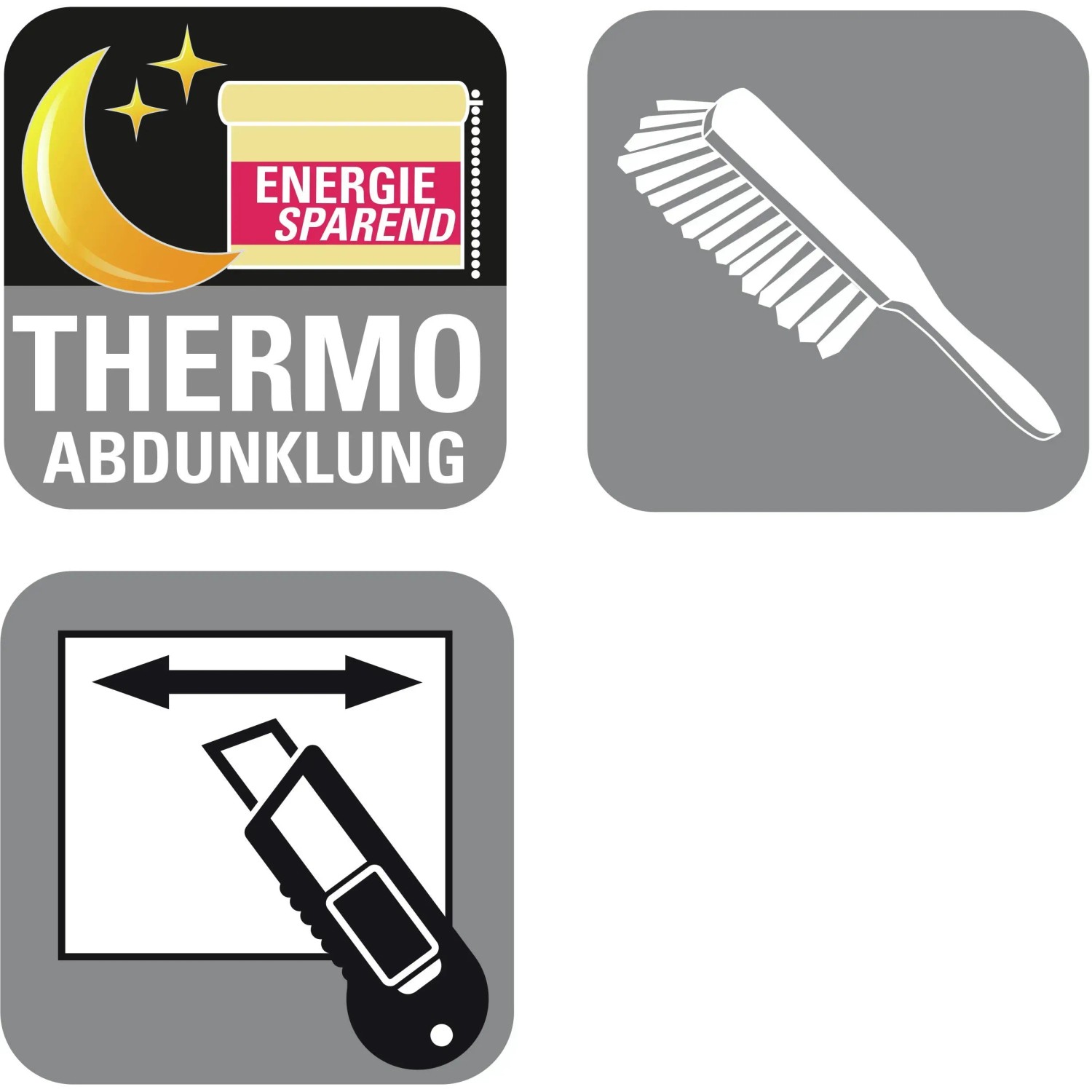Icons für Thermo Abdunklung, Reinigung und Kürzbarkeit des Gardinia Plissee Concept.