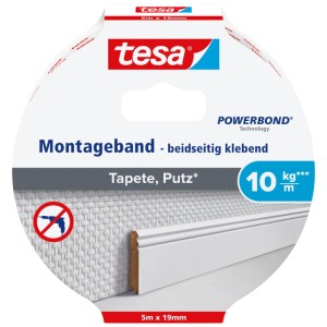 Tesa Montageband 5m x 19mm für Tapeten & Putz. Doppelseitig klebend, hält bis 10 kg/m, bohrfreie Befestigung.