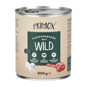 Primox Fleischmecker Wild Hunde-Nassfutter 800g Dose. Getreidefrei, 70% Fleisch & Innereien, natürliche Zutaten.