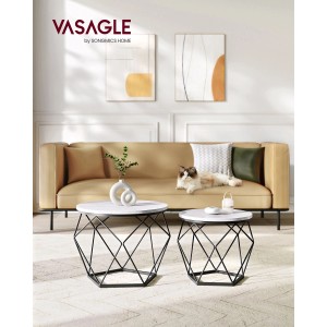Vasagle Couchtisch 2er Set, rund, weiß-schwarz, mit geometrischem Stahlgestell.