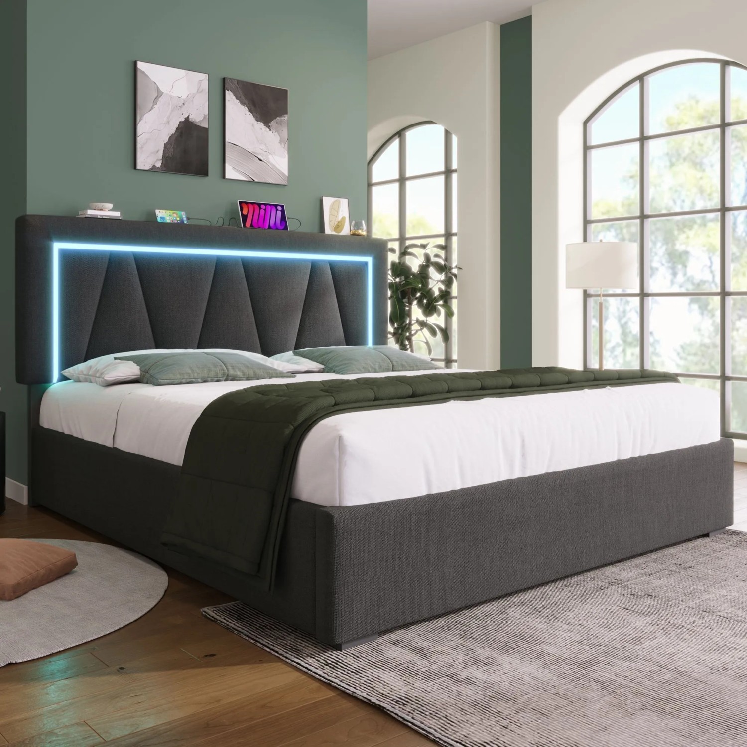 okwish Polsterbett 140x200cm mit LED USB C Stauraum Jugendzimmer Grau ohne Matratze_3