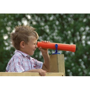 Rotes Karibu Teleskop Aktion für Spieltürme, Kind schaut hindurch.