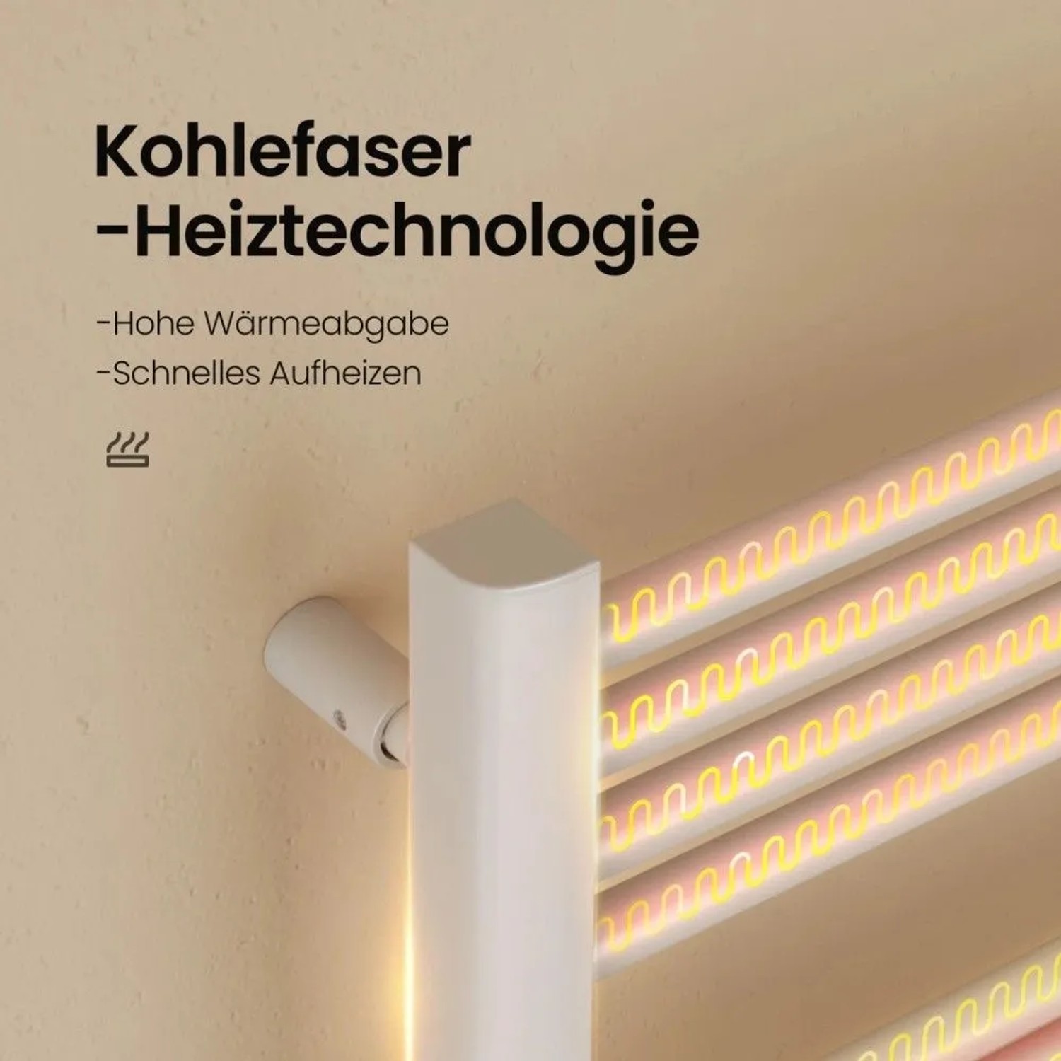 Weißer Emke Elektro-Handtuchwärmer, 600W, mit glühenden Kohlefaser-Heizelementen. Schnelle Wärmeabgabe für Ihr Bad.