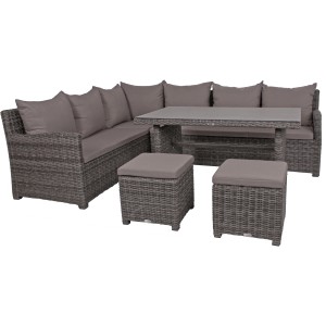 Graue Lounge-Eckgruppe Oviedo aus Kunststoffgeflecht mit Tisch und Hockern für Garten oder Terrasse.