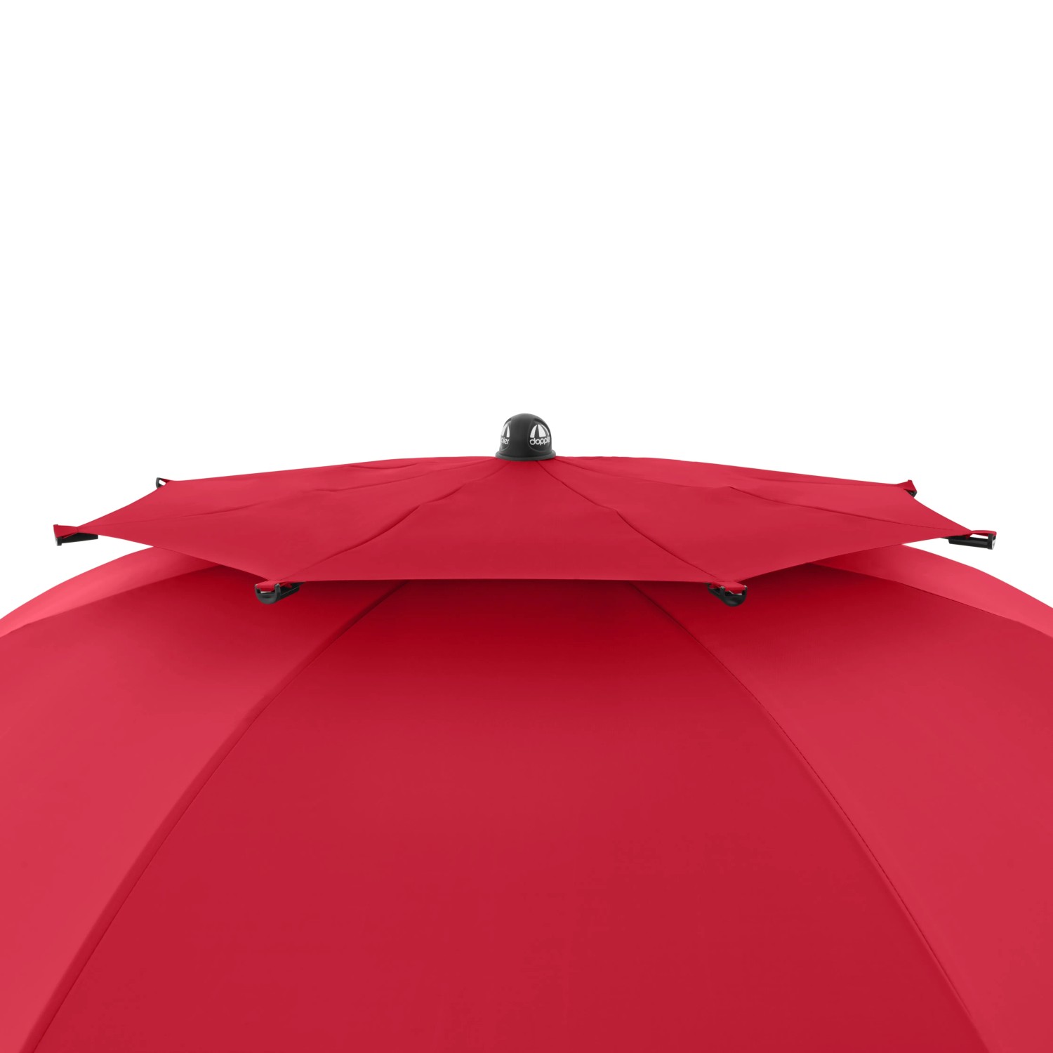 Detailaufnahme des roten Doppler Strandschirm Windprofi Neo 200 mit Windventil.
