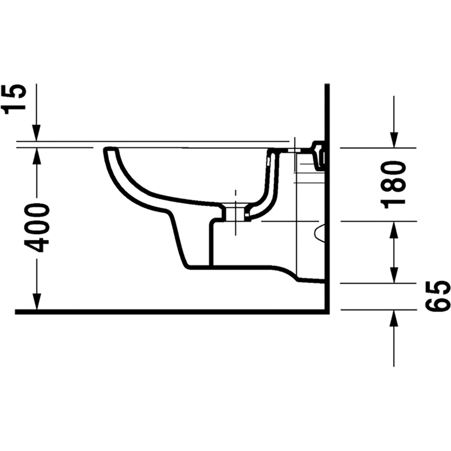 Technische Zeichnung Duravit Wand-Bidet D-Code mit Maßen für Installation.