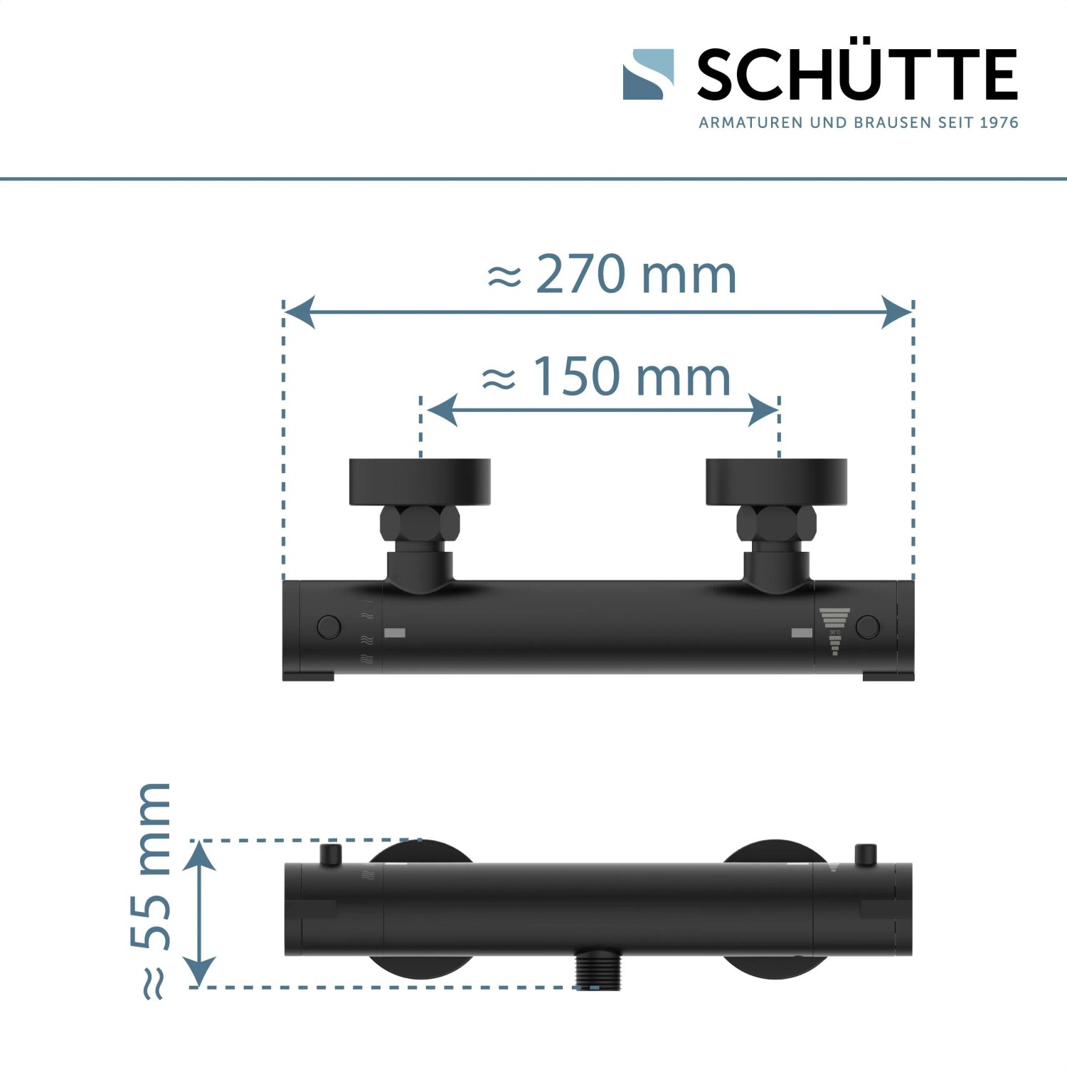 Schütte Thermostat Duscharmatur London, schwarz matt, mit Maßangaben.