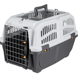 Jollypaw Transportbox aus Kunststoff, dunkelgrau/hellgrau, mit Metalltür für Hunde.