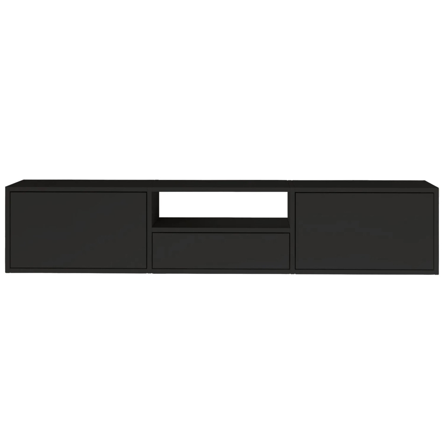Schwarzes Selsey Framme TV-Hängeboard 150 cm mit offener Ablage, Schublade und zwei Klappen.