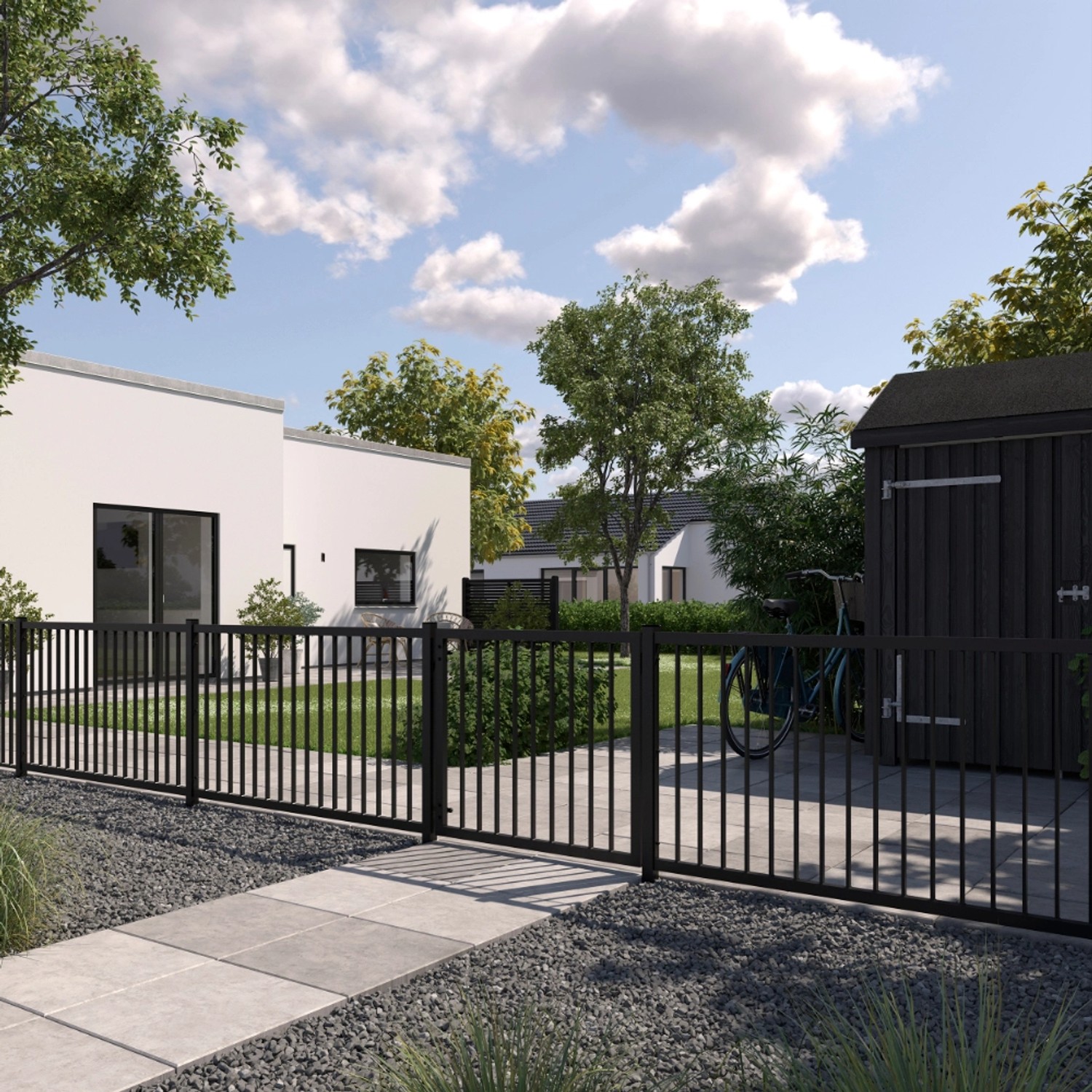 Schwarzer Vorgartenzaun Basic aus Stahl, 150x85 cm, vor Haus mit Garten.