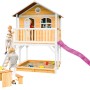 Axi Marc Spielhaus aus Holz mit lila Rutsche, Sandkasten und Picknicktisch für Kinder.