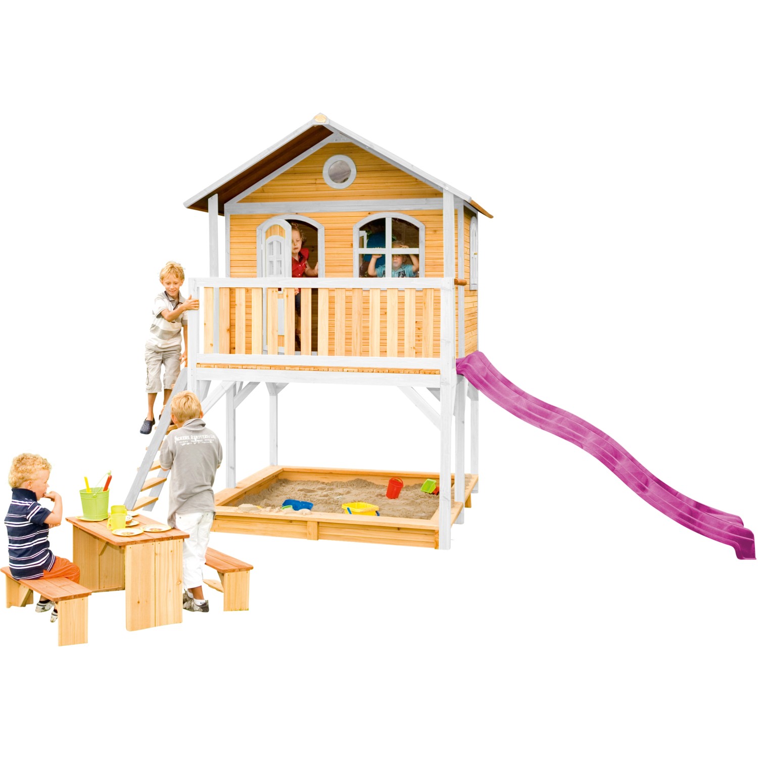 Axi Marc Spielhaus aus Holz mit lila Rutsche, Sandkasten und Picknicktisch für Kinder.