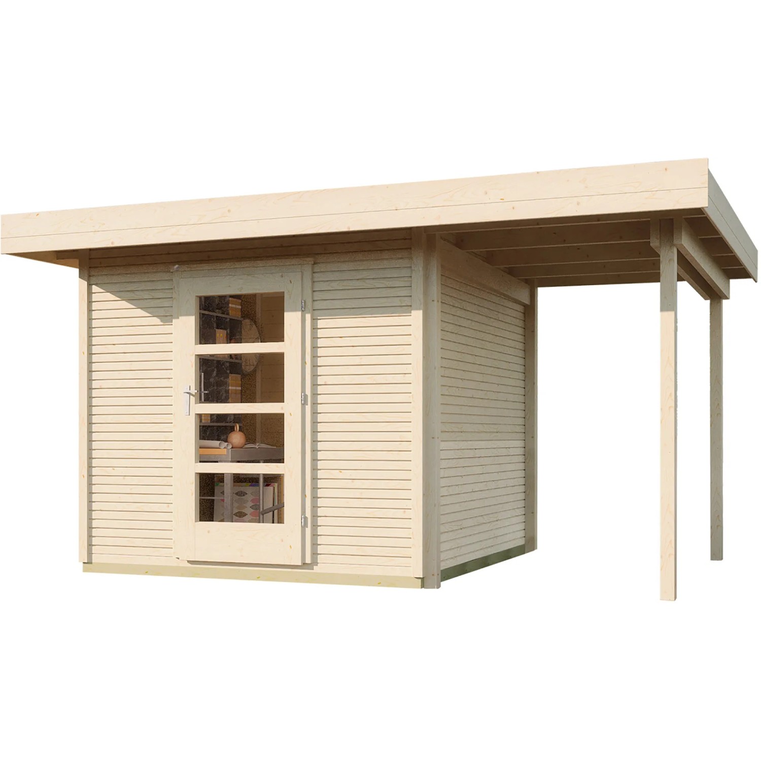 Unbehandeltes Weka Holz-Gartenhaus mit Flachdach und Anbau, 385x316 cm.