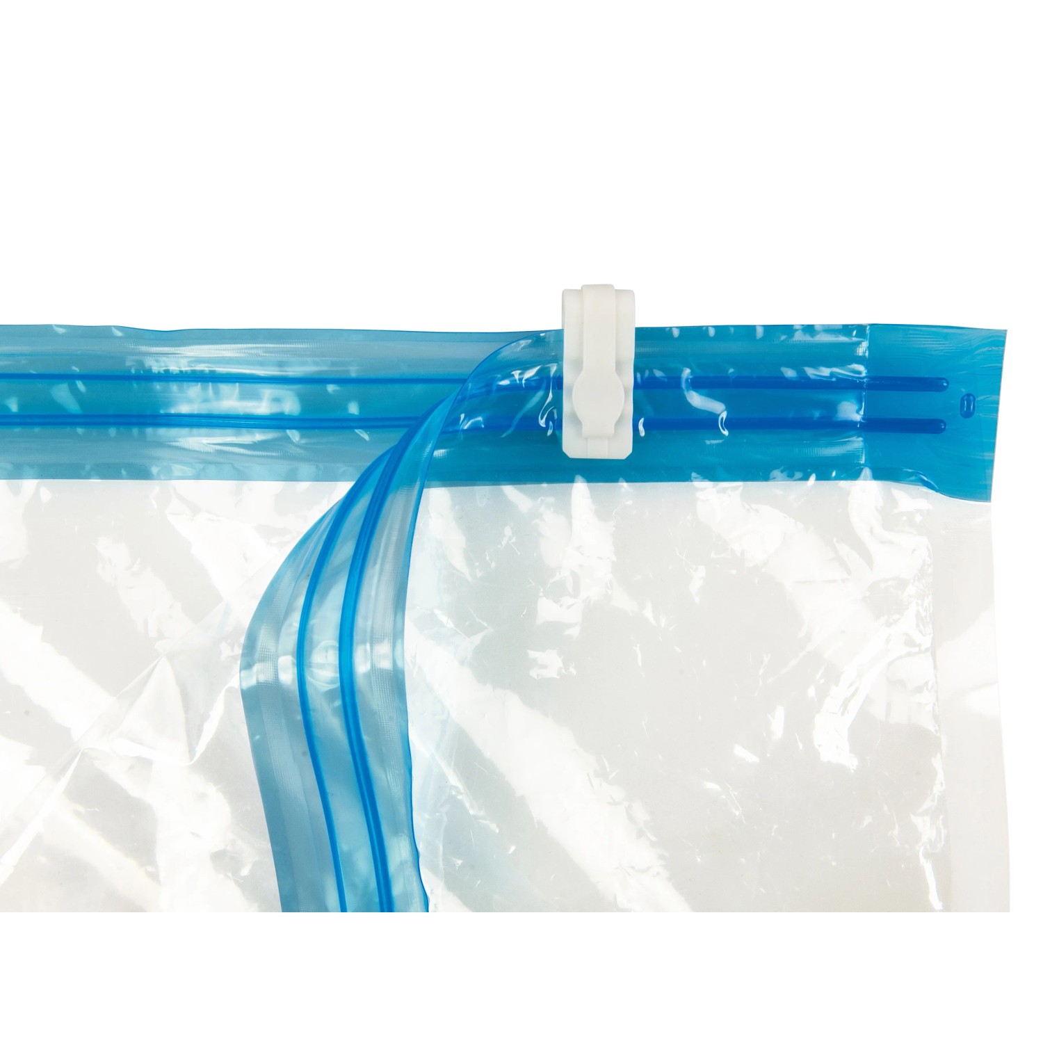Detailaufnahme: Vakuum-Kleiderbeutel (3er-Set) mit blauem Verschluss und weißem Zipper-Clip.