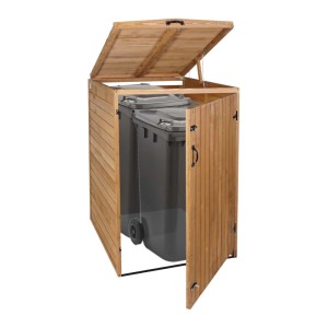Braune MCW Mülltonnenverkleidung H74 für 1-2 Tonnen, mit geöffnetem Deckel und Tür.