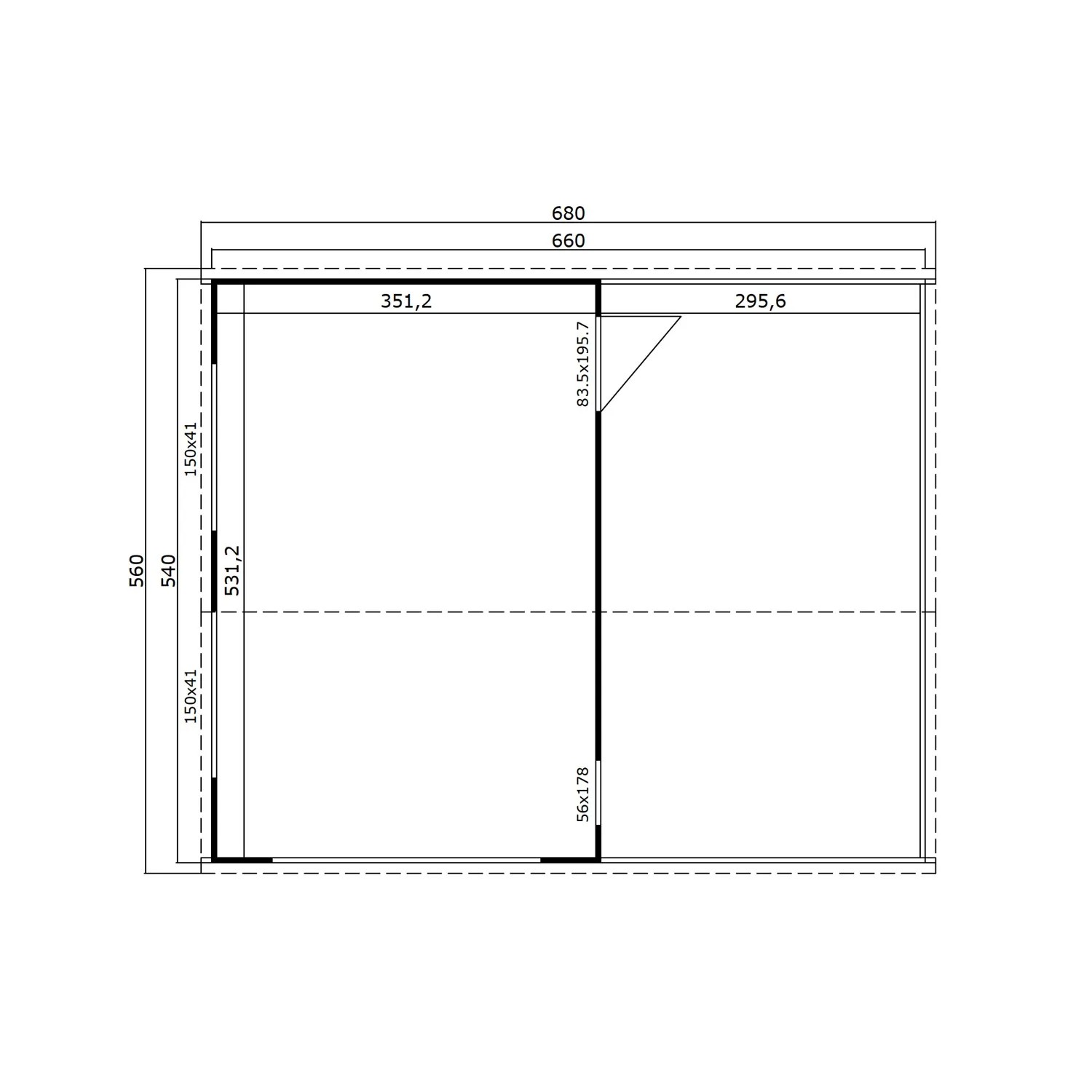 Grundriss der Lasita Maja Holzgarage Bahamas (660x540cm) mit Sektionaltor.